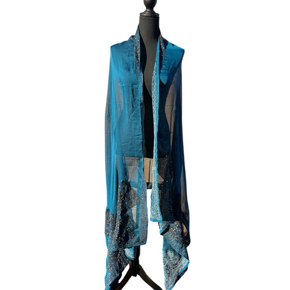 Teal chiffon women’s multi use skirt/shawl. OS W/ black gold ribboned edge - Picture 3 of 5